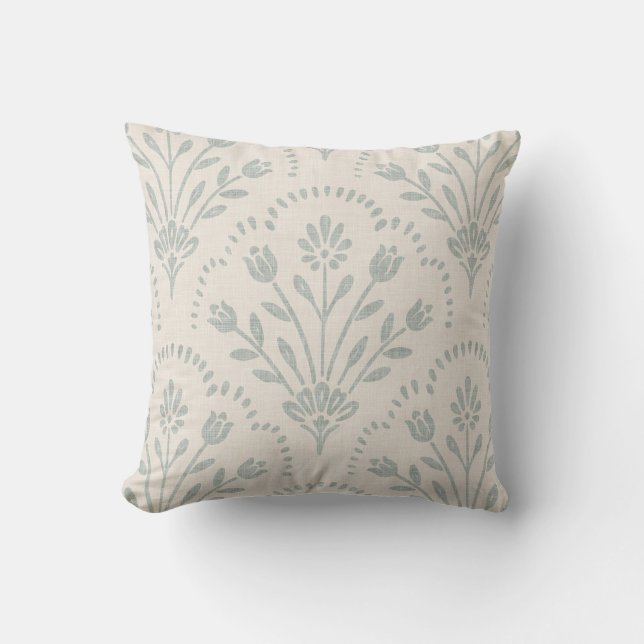 Muted Soft Sage Green Folk Floral Scallop Pattern Cushion (Front)