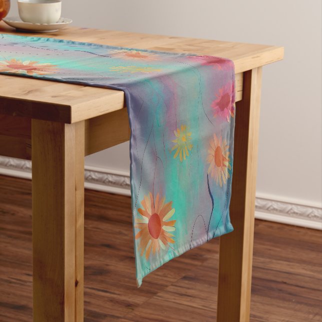 Muted tones abstract sunflowers short table runner (In Situ)