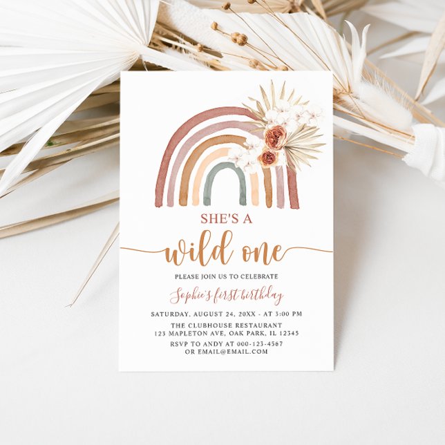 Muted Tones Boho Rainbow Pampas Grass Wild One 1st Invitation (Creator Uploaded)