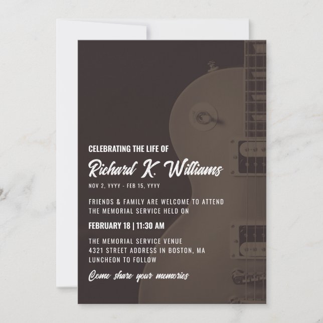 Muted Tones Guitar Celebrating the Life Invitation (Front)