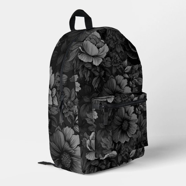 Muted Tones of Grey Floral  Printed Backpack (Back Corner Left)