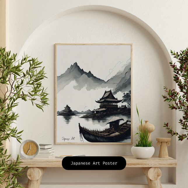 Muted Tones of Japan: Unveiling the Beauty of Ink  Poster (Captivating Japanism ink painting muted colors poster, skilled artist meticulously blend traditional)