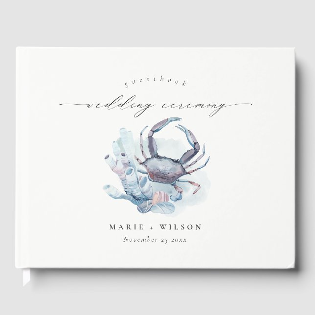 Muted Underwater Crab Coral Nautical Wedding Guest Book (Front)