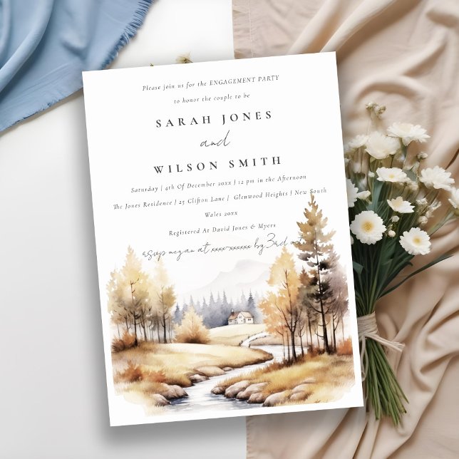 Muted Watercolor Fall Autumn Landscape Engagement Invitation (Creator Uploaded)