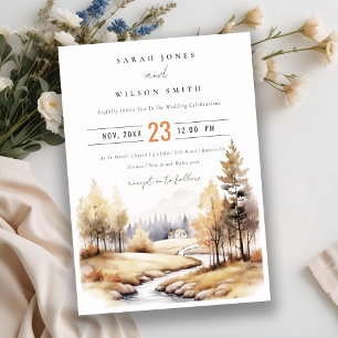 Muted Watercolor Fall Autumn Landscape Wedding Invitation