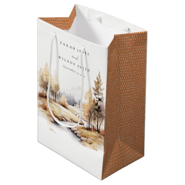 Muted Watercolor Fall Autumn Landscape Wedding Medium Gift Bag (Front Angled)