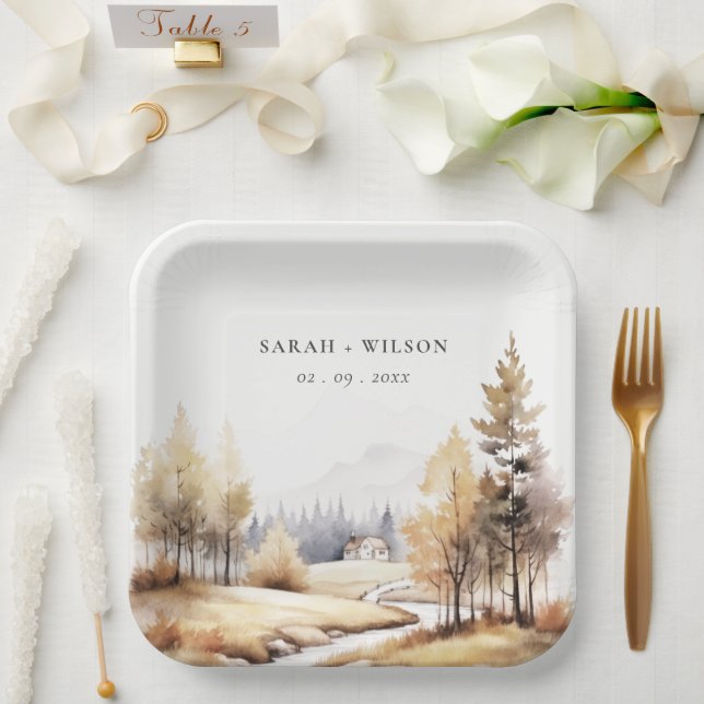 Muted Watercolor Fall Autumn Landscape Wedding Paper Plate (Wedding)