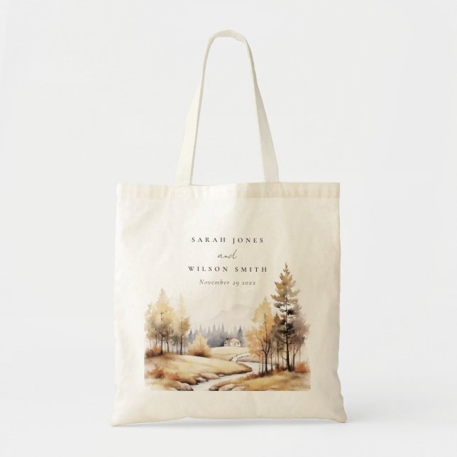 Muted Watercolor Fall Autumn Landscape Wedding Tote Bag (Front)