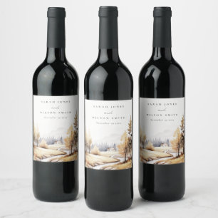 Muted Watercolor Fall Autumn Landscape Wedding Wine Label
