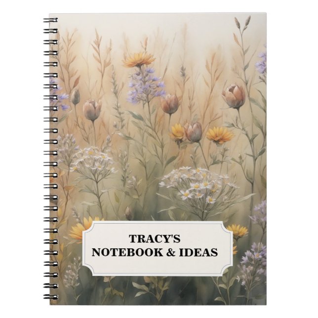 Muted Wildflowers Floral Editable Name Notebook (Front)