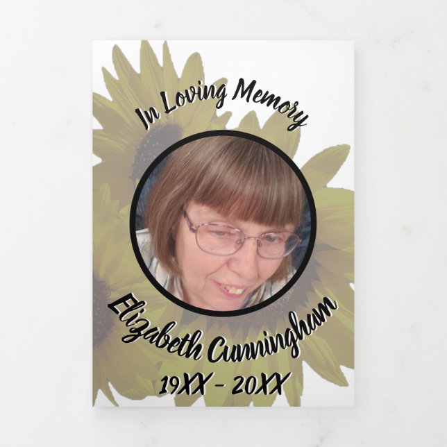 Muted Yellow Sunflowers Five Photo Memorial  Tri-Fold Announcement (Cover)