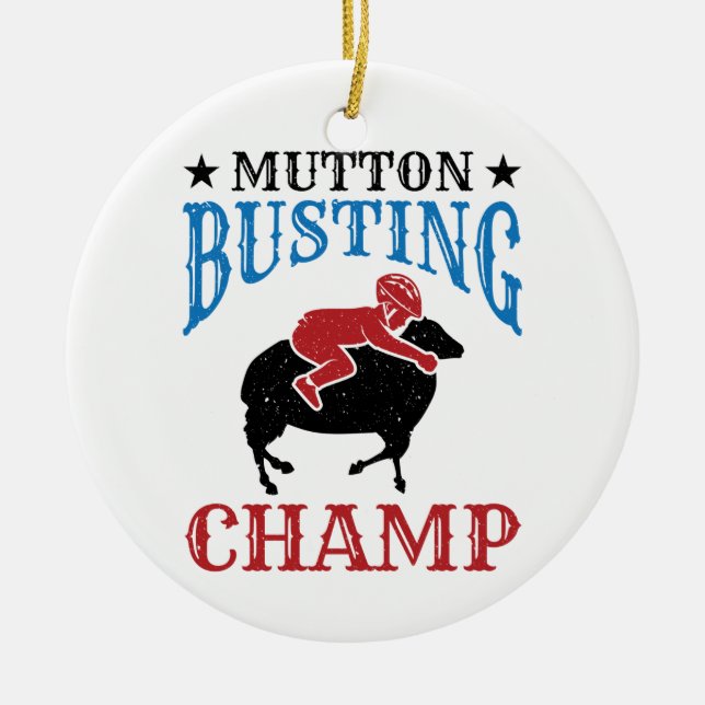 Mutton Busting Champ Sheep Riding Ceramic Tree Decoration (Front)