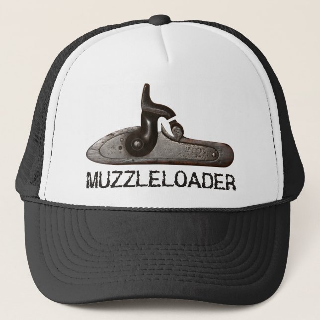 Muzzleloader breech & hammer, black powder rifle trucker hat (Front)