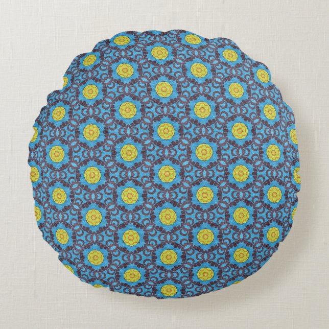 MVB Retro Blue Pattern with Yellow Flower Design  Round Cushion (Front)