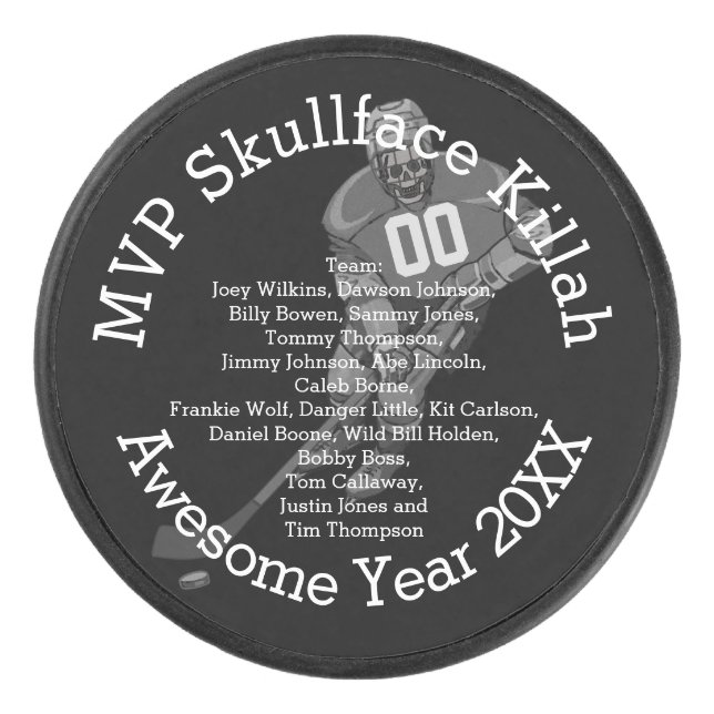 MVP with Name or Nickname, Number & Team Names Hockey Puck (Front)