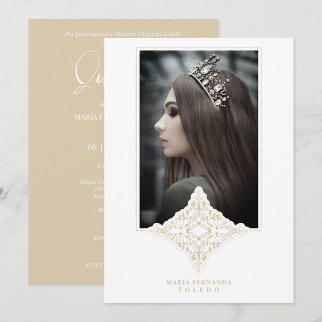 My 15 Years Spanish Photo Golden Lace Effect Invitation (Front/Back)
