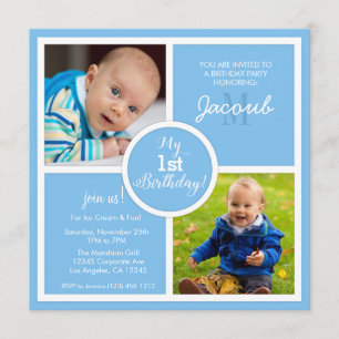 My 1st Birthday (first) -Sky Blue Squares & photo Invitation