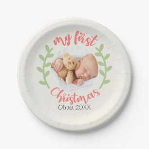 My 1st Christmas Baby Name PHOTO Wreath Holiday Paper Plate