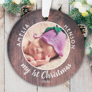 My 1st Christmas Baby`s First Pink Wood Photo Ornament