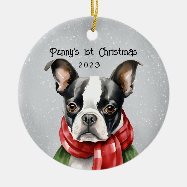 My 1st Christmas Boston Terrier Ceramic Tree Decoration (Front)