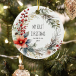 My 1st Christmas Botanical Festive Wreath Ceramic Tree Decoration<br><div class="desc">Personalised 'My First Christmas' botanical festive wreath ornament.</div>