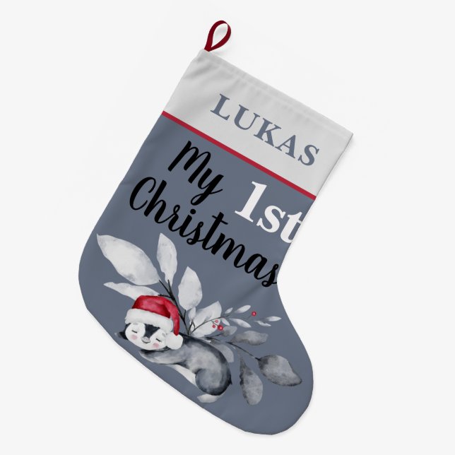 My 1st Christmas | Cute Baby Penguin Holiday Large Christmas Stocking (Front (Hanging))