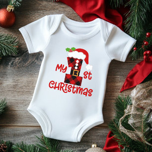 My 1st Christmas Cute Modern Plaid Santa Suit Baby Bodysuit