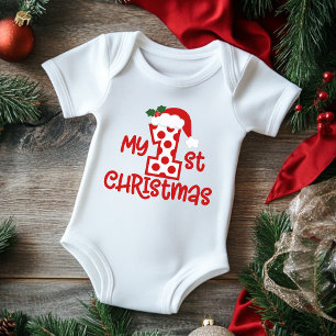 My 1st Christmas Cute Modern Polka Dot Santa Hat Baby Bodysuit