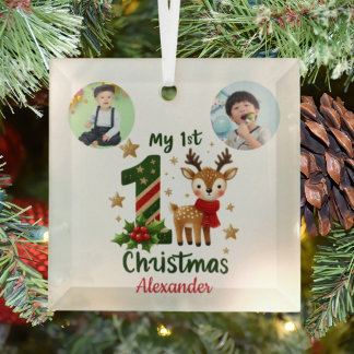 My 1st Christmas Little Reideer Photo Glass Tree Decoration