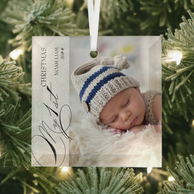 My 1st Christmas Script Vertical Photo Snowflake Glass Tree Decoration (Insitu)