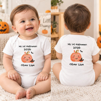 My 1st Halloween 2026 Smiling Pumpkin Witch Name Baby Bodysuit