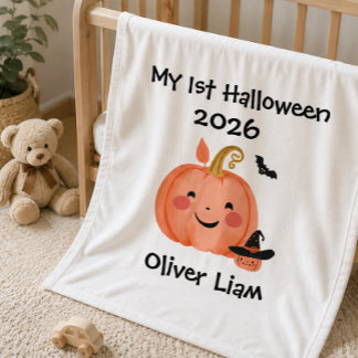 My 1st Halloween 2026 Smiling Pumpkin Witch Name Fleece Blanket