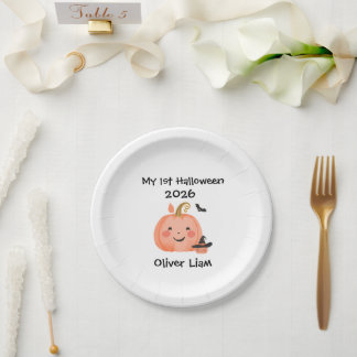 My 1st Halloween 2026 Smiling Pumpkin Witch Name Paper Plate