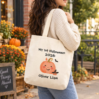My 1st Halloween 2026 Smiling Pumpkin Witch Name Tote Bag