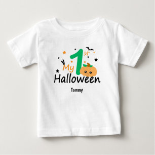 My 1st Halloween. Pumpkin, Bats, Editable Name Baby T-Shirt
