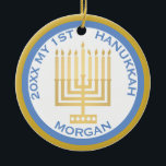 My 1st Hanukkah Photo Blue Gold Personalised Ceramic Tree Decoration<br><div class="desc">Personalise this cute blue and gold MY 1ST HANUKKAH ornament for a one of a kind keepsake. Upload your baby's photo on one side and add baby's name and the year on the other. The traditional blue and gold Hanukkah colours are highlighted by a simple gold tone Menorah in the...</div>