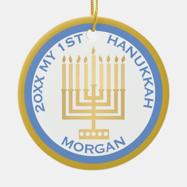 My 1st Hanukkah Photo Blue Gold Personalised Ceramic Tree Decoration (Front)