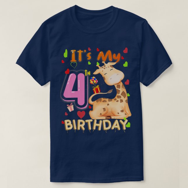 My 4th Birthday Giraffe 4 Year Old For Girls Kids  T-Shirt (Design Front)