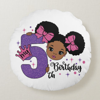 My 5th Birthday Black Girl Glitter Princess Design Round Cushion