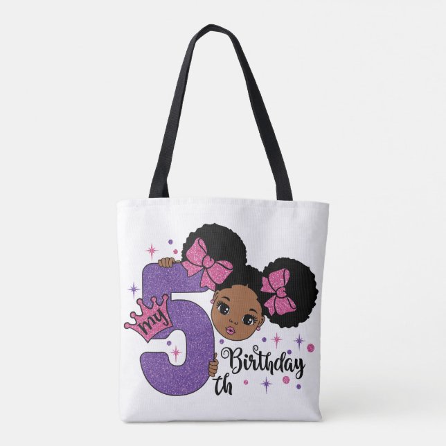 My 5th Birthday Black Girl Glitter Princess Design Tote Bag (Back)