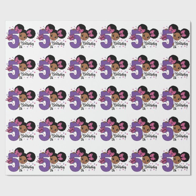 My 5th Birthday Black Girl Glitter Princess Design Wrapping Paper (Flat)