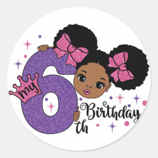 My 6th Birthday Girl Afro Hair Pink Glitter Bows Classic Round Sticker