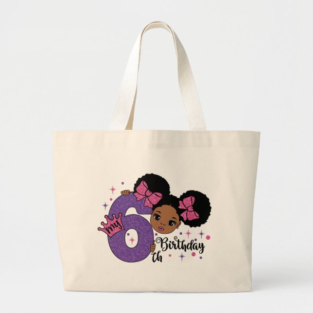 My 6th Birthday Girl Afro Hair Pink Glitter Bows Large Tote Bag (Front)