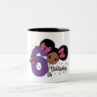My 6th Birthday Girl Afro Hair Pink Glitter Bows Two-Tone Coffee Mug