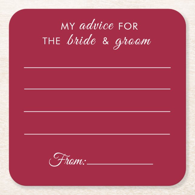 My advice for the bride & groom fun red wedding square paper coaster (Front)