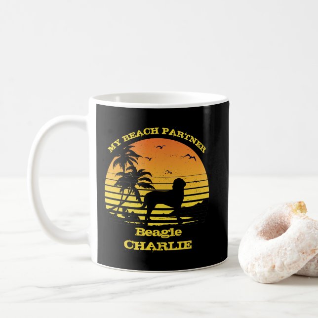 My Beach Partner Sunset Palm tree Beagle Coffee Mug (With Donut)