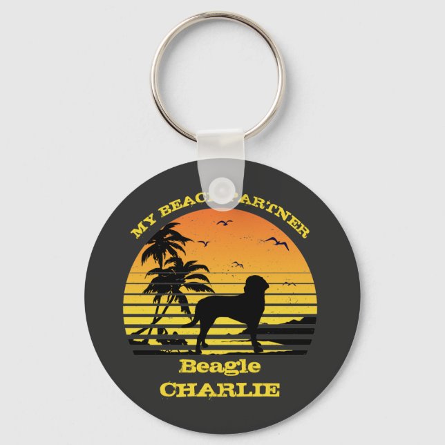 My Beach Partner Sunset Palm tree Beagle Key Ring (Front)