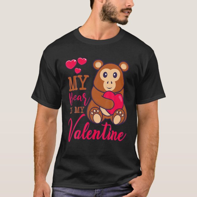 My Bear Is My Valentine Bear Holding A Big Heart V T-Shirt (Front)