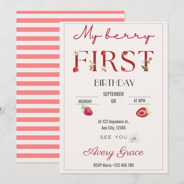 My Berry First Birthday Cute Strawberries Invitation (Front/Back)