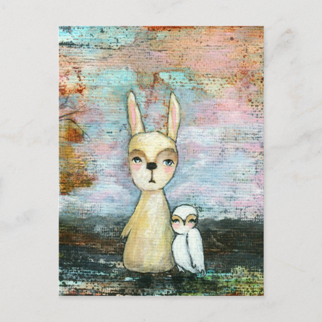 My Best Friend, Baby Rabbit, Baby Owl Abstract Art Postcard (Front)